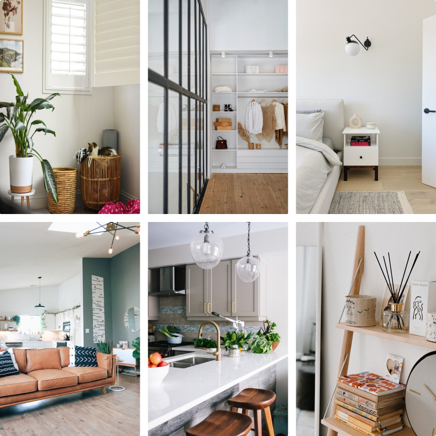 A collage of neatly ordered spaces in a home.